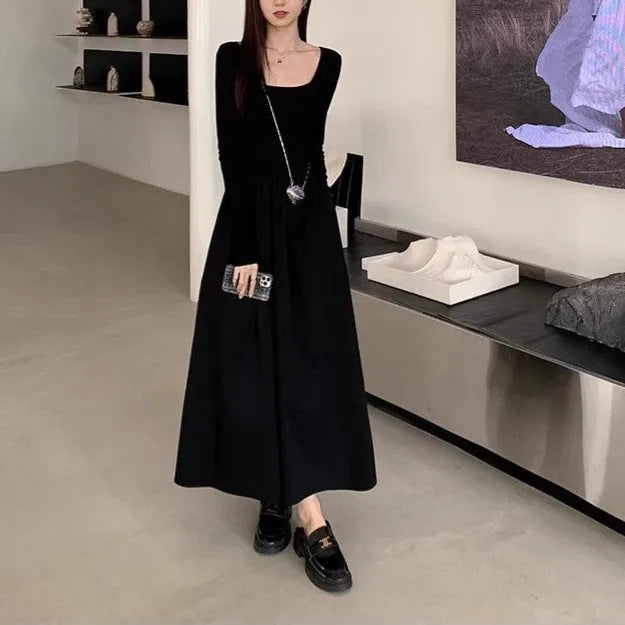 Women's square collar knitted dress with long sleeves, elastic waist, and A-line long skirt in grey.