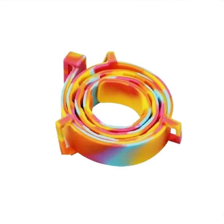 Rainbow-coloured plastic flea collar for cat or dog showing 38cm and 62cm size options