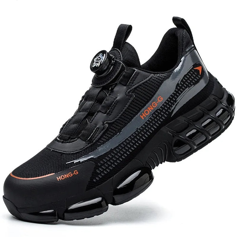 Lightweight black anti-smash work shoes with a steel toe cap and breathable Flyweave upper on a worksite.