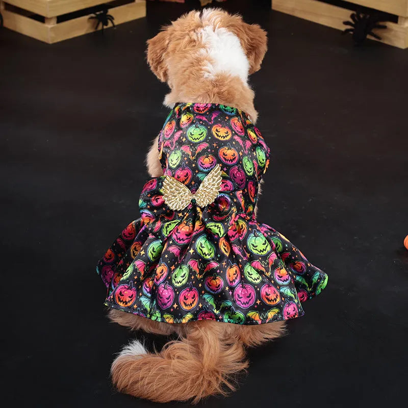 Angel wings Halloween dog costume in bright pumpkin orange and bat print polyester fabric