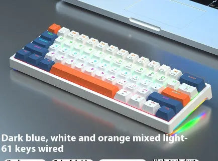 Blue and white 61-key compact mechanical keyboard with hot-swappable switches on black background