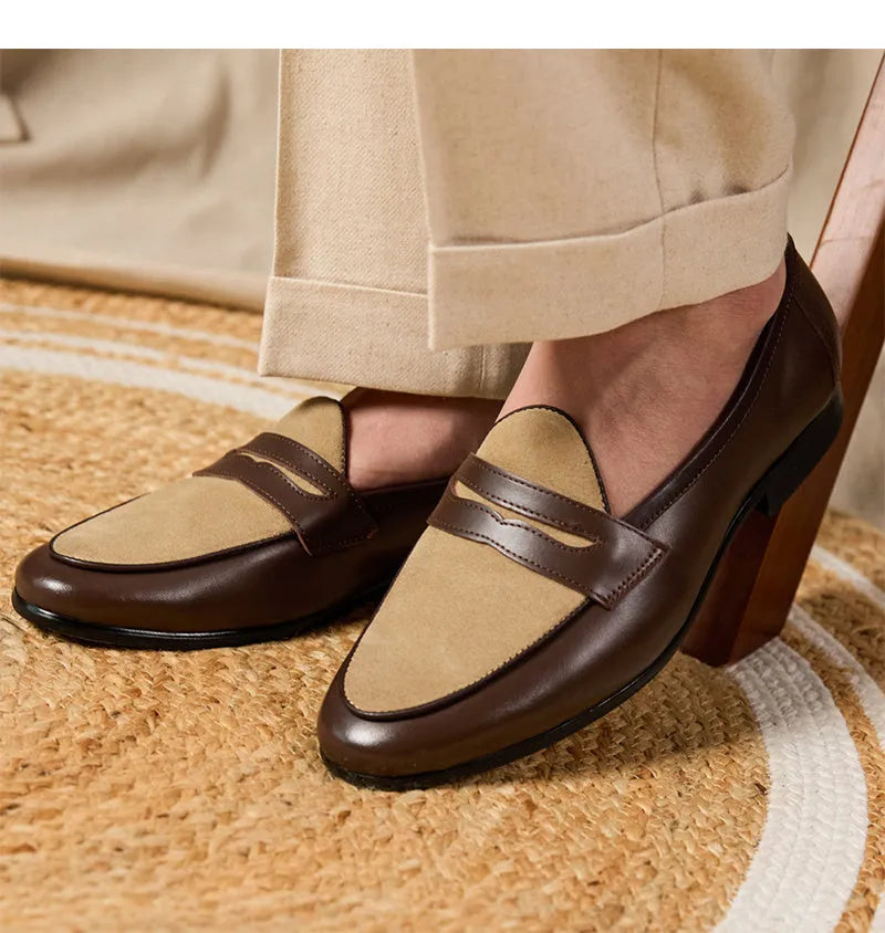 Men's coffee grey suede Belgian loafers with a slip-on design and rubber sole