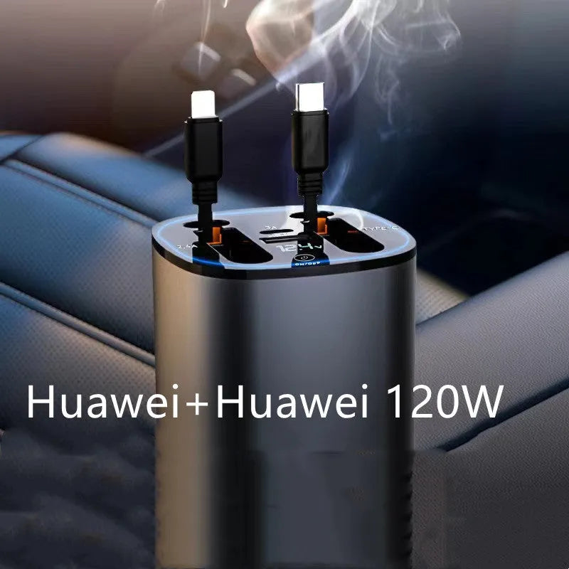 Automatic retractable car charger with USB ports plugged into a vehicle cigarette lighter socket.