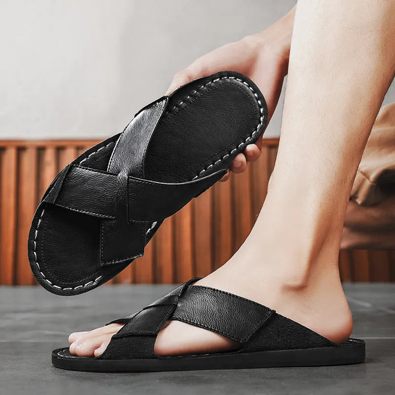 Men's black and brown genuine leather casual slip-on sandals with rubber sole