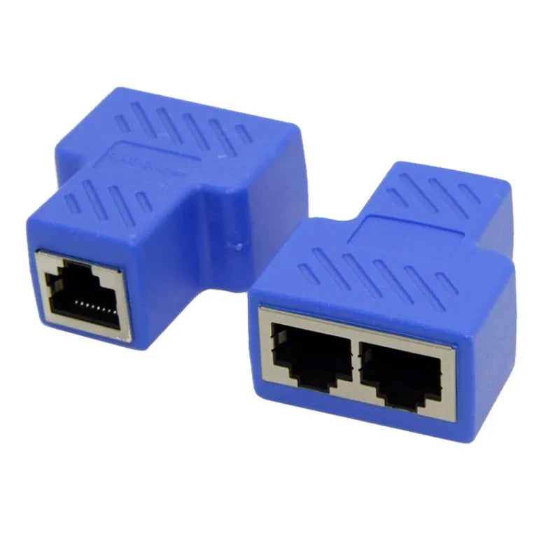 RJ45 network cable splitter in multiple colours showing tee adapter design with three ports