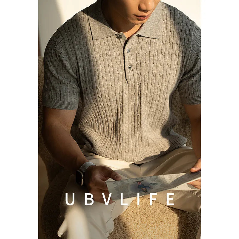 Men's short sleeve knit polo shirt in khaki, black, or white for business and office wear