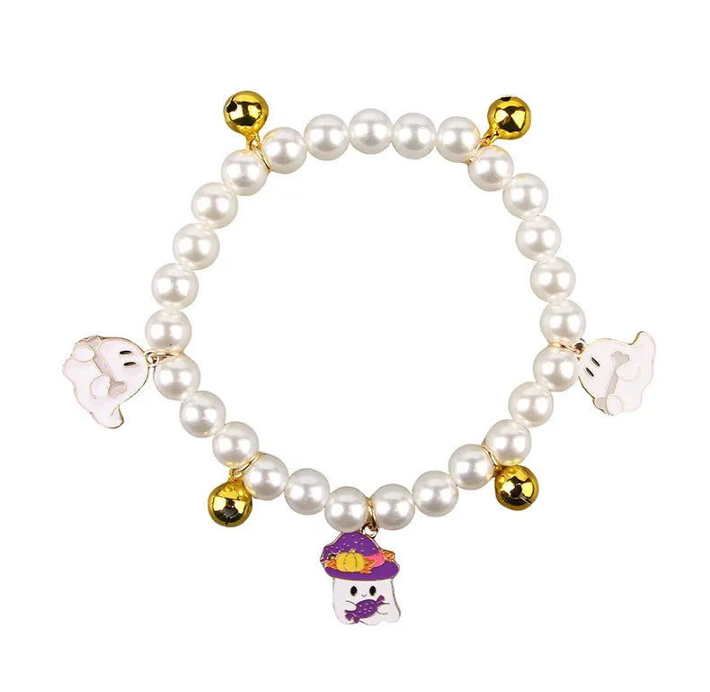 Halloween cat collar with simulated pearl necklace in pumpkin design