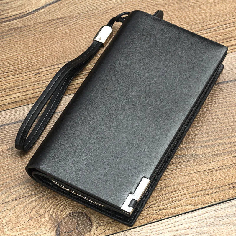 Men's black PU leather zipper wallet showing 7 card slots and cash compartment with waterproof construction