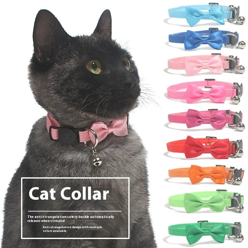 Adjustable nylon cat collar with decorative bow and bell in multiple colour options