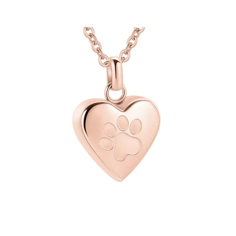Titanium steel heart pendant necklace with paw print design and openable cinerary casket