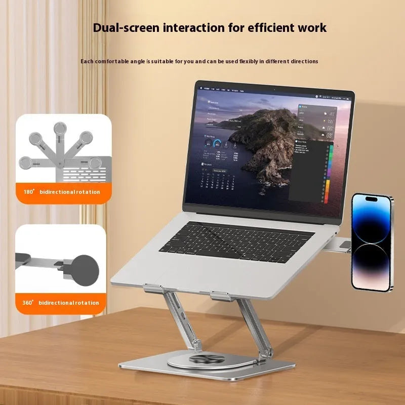 Silver carbon steel laptop stand with a side-mounted magnetic phone holder rotated to the side.