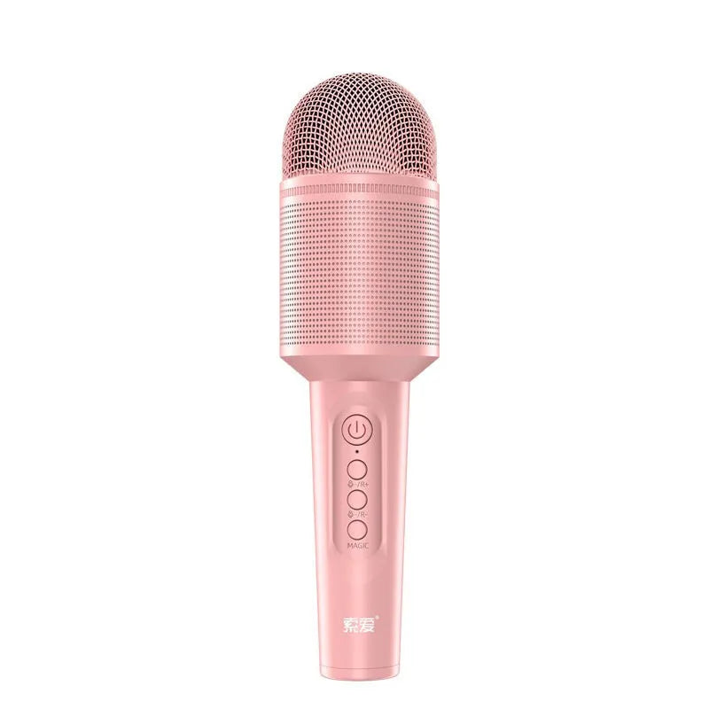 Wireless Bluetooth karaoke microphone in pink, blue, or green colour options.