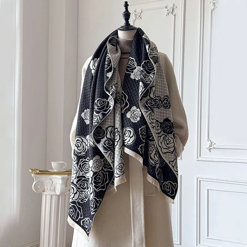 Imitation cashmere winter scarf with tassels showing grey, black, blue, and khaki colour options
