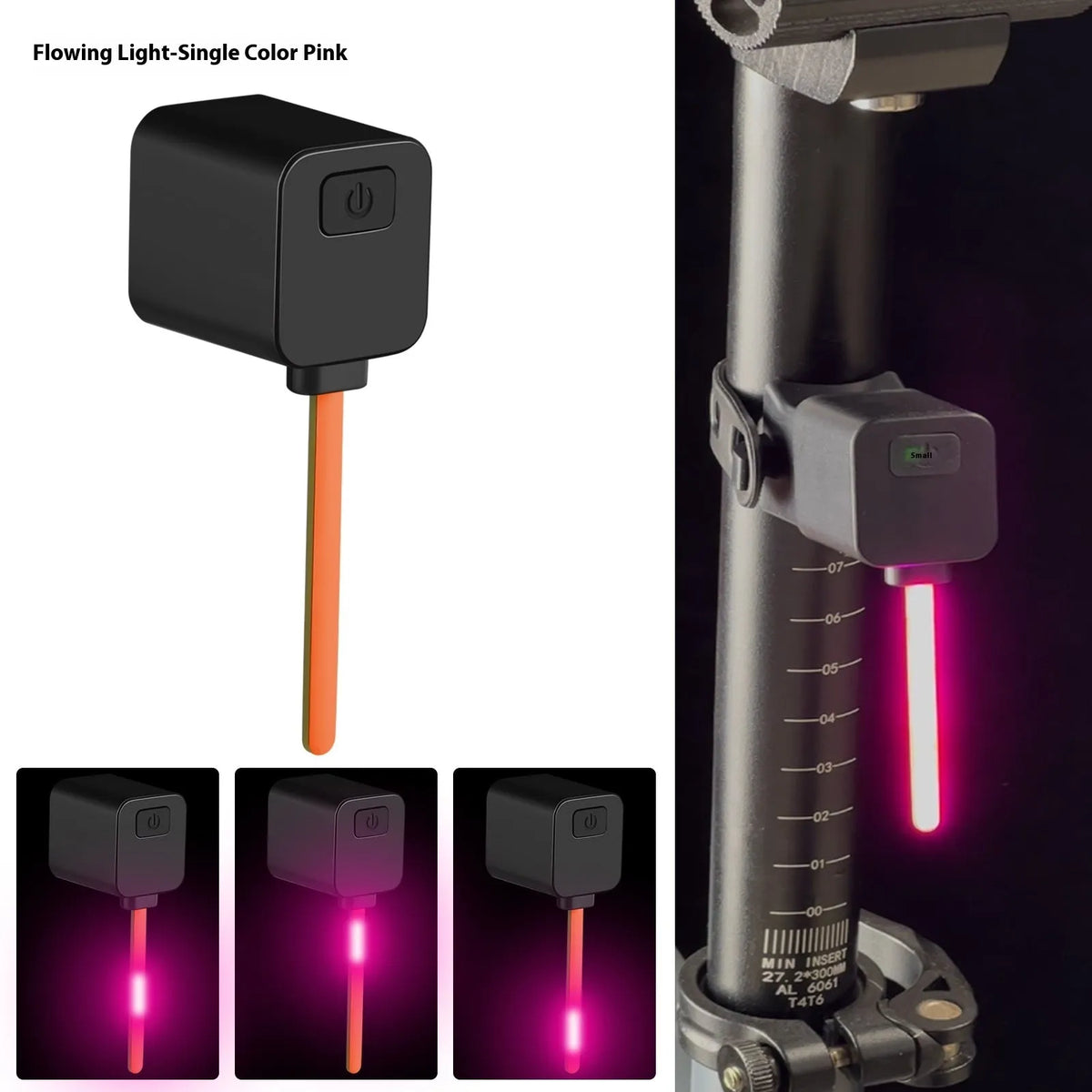 Bicycle taillight with running water LED light pattern mounted on bike seat tube for night riding safety