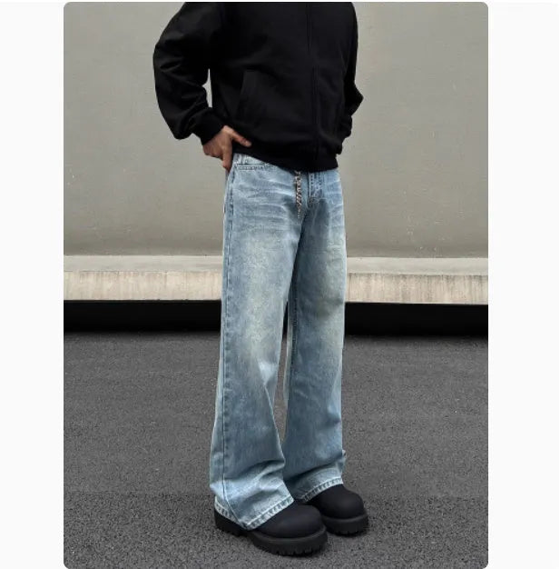 Men's blue retro straight-leg jeans with whisker washing detail on the thighs, showing a flared wide-leg cut.