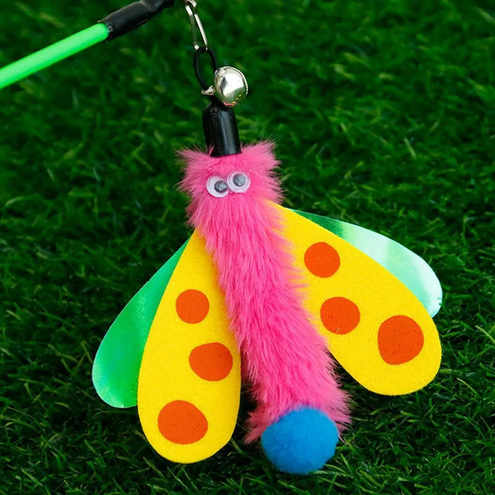 Blue yellow and pink cat teaser wand with dragonfly attachment and bell on a 49cm stick.