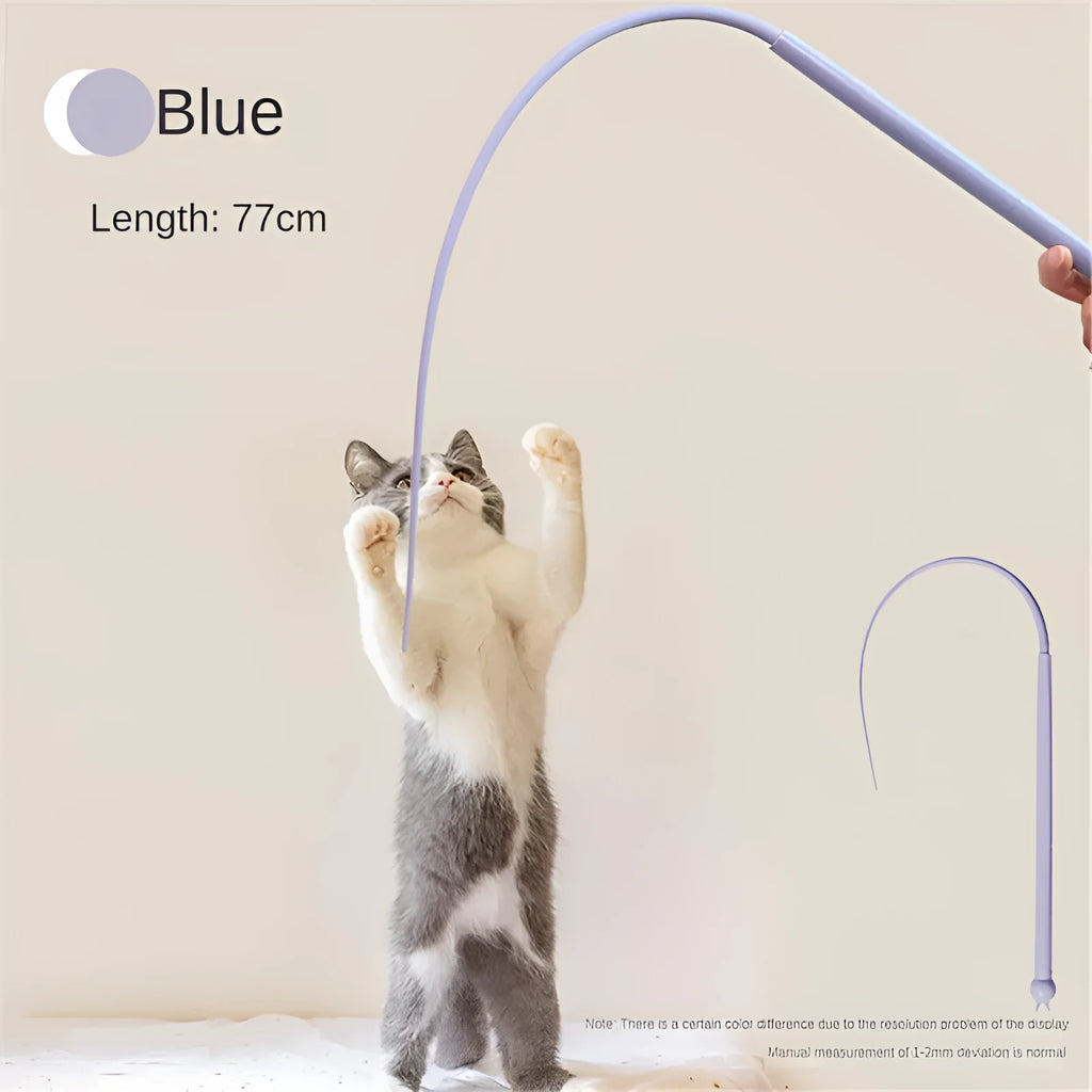Blue silicone mouse tail cat toy with cat head design measuring 80cm in length