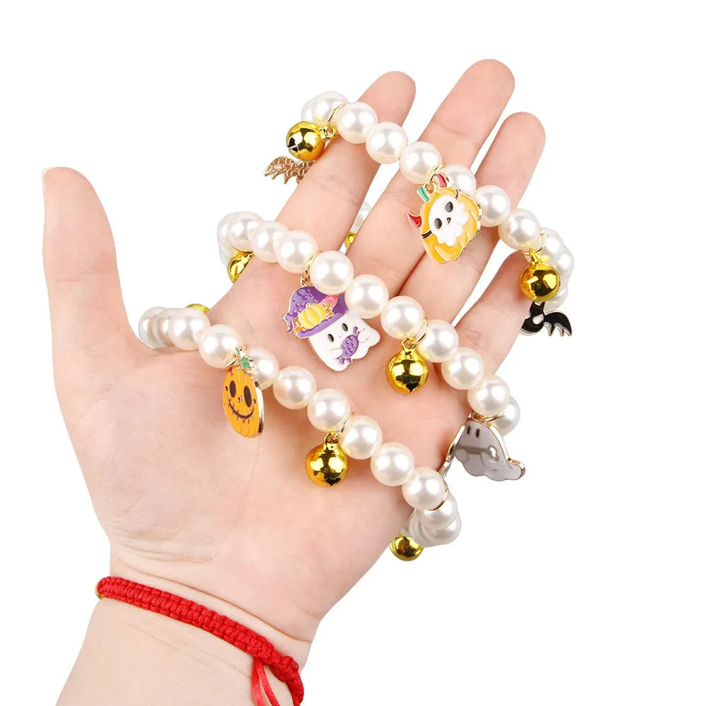 Halloween cat collar with simulated pearl necklace in pumpkin design