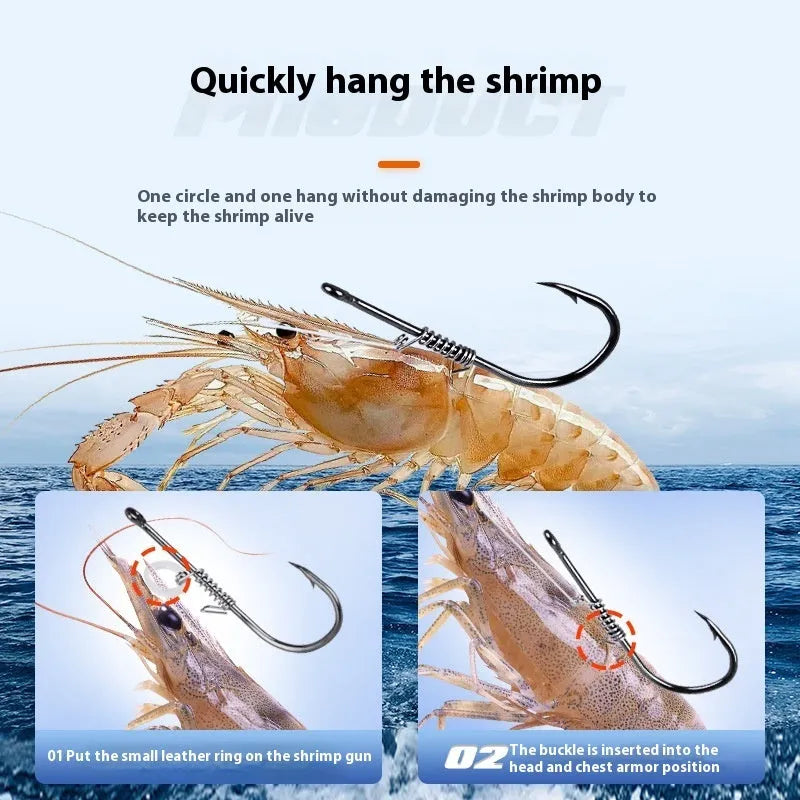 Spring rubber band sea fishing lure for live shrimp with barbed hook, sizes 2/0 to 5/0, pack or box of 4 or 10 pieces.