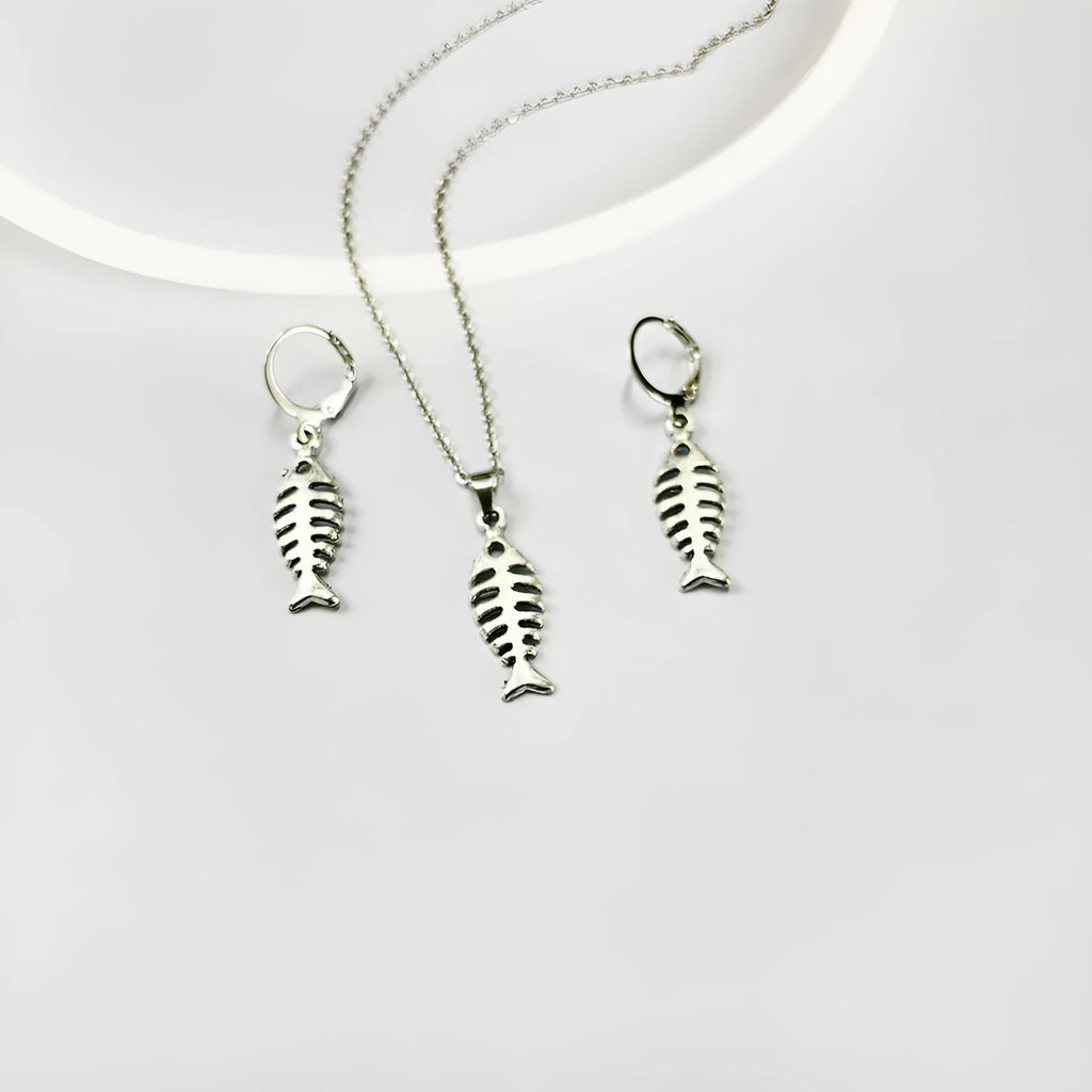 Women's fishbone pendant necklace and matching earrings set in retro alloy jewellery