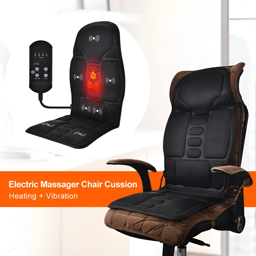Black electric cervical kneading massager with wireless remote control on black background
