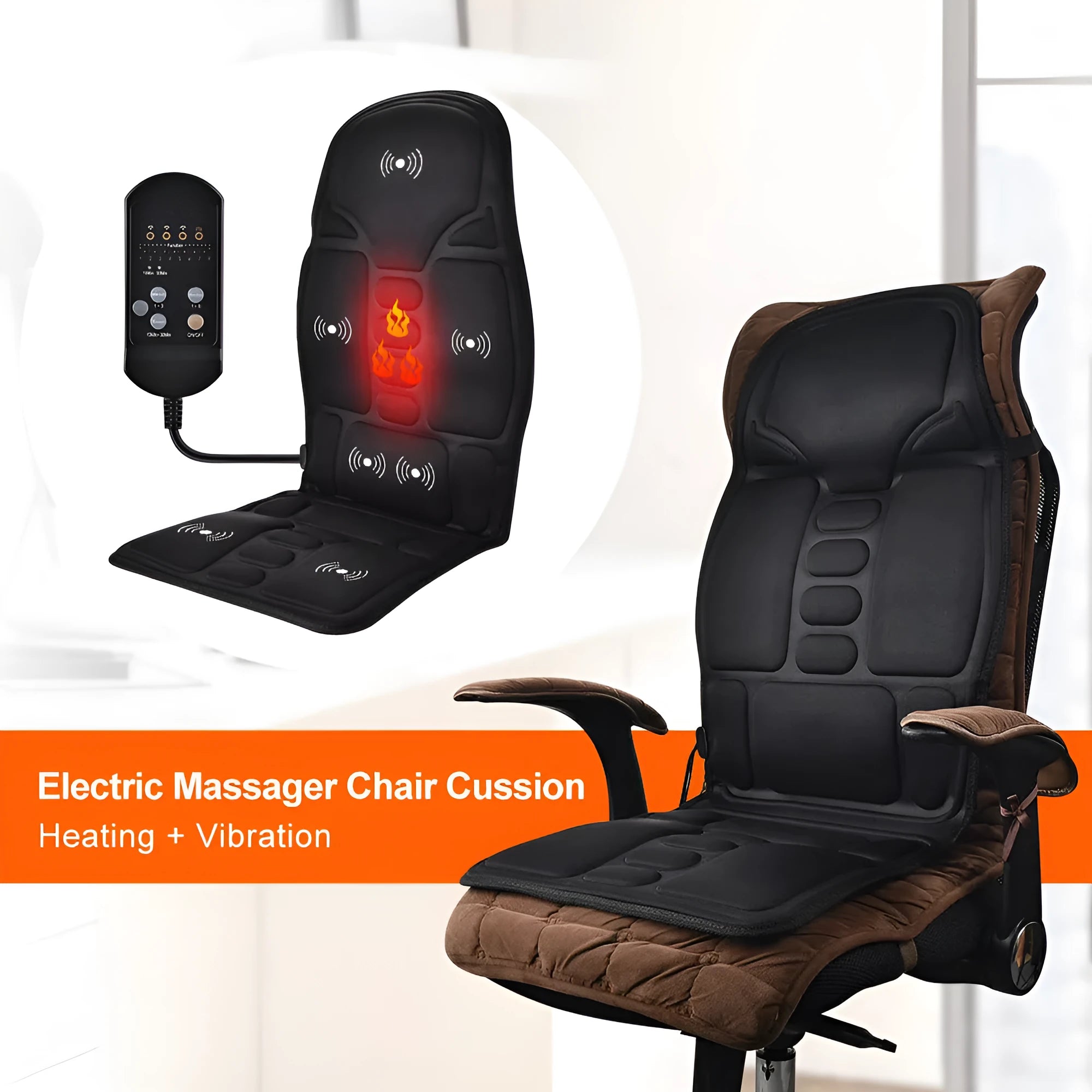 Black electric cervical kneading massager with wireless remote control on black background