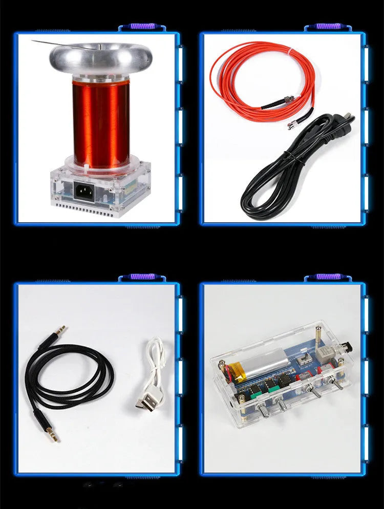 SSTC music Tesla coil driver board with controller, power cable, and audio connections