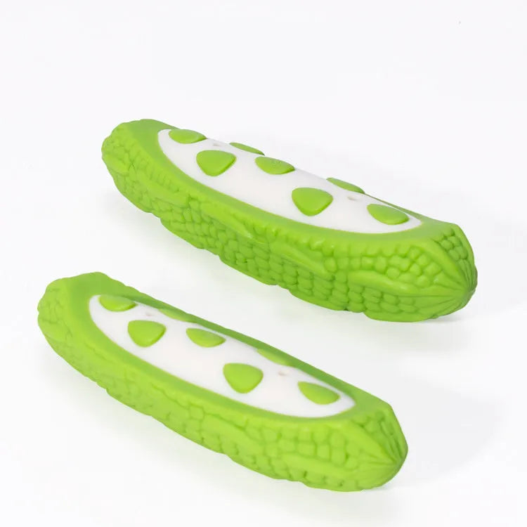 Green and purple meat-scented durable dog chew toys shown in large and small sizes.