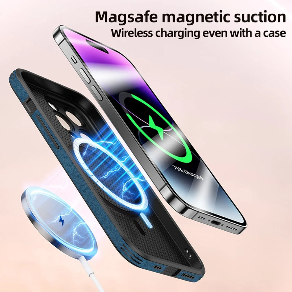 Black PU leather iPhone case with a raised, embossed moose head design on the back, showing MagSafe ring.