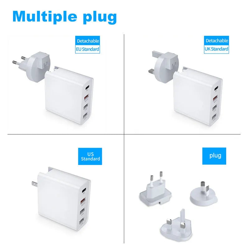White multi-port fast charger with PD and QC support plugged into a wall socket