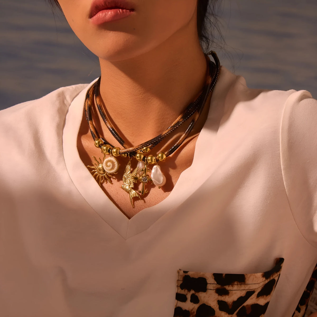 Women's leopard geometric stainless steel necklace with 18K gold electroplating