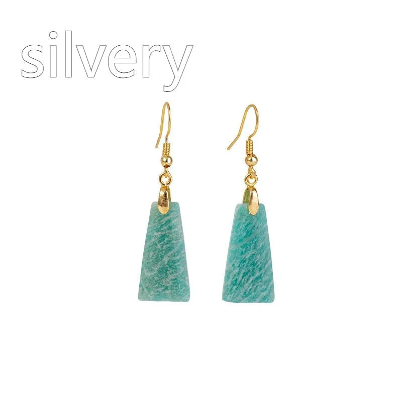 Amazonite rough stone trapezoid earrings with geometric octagon elements in gold setting