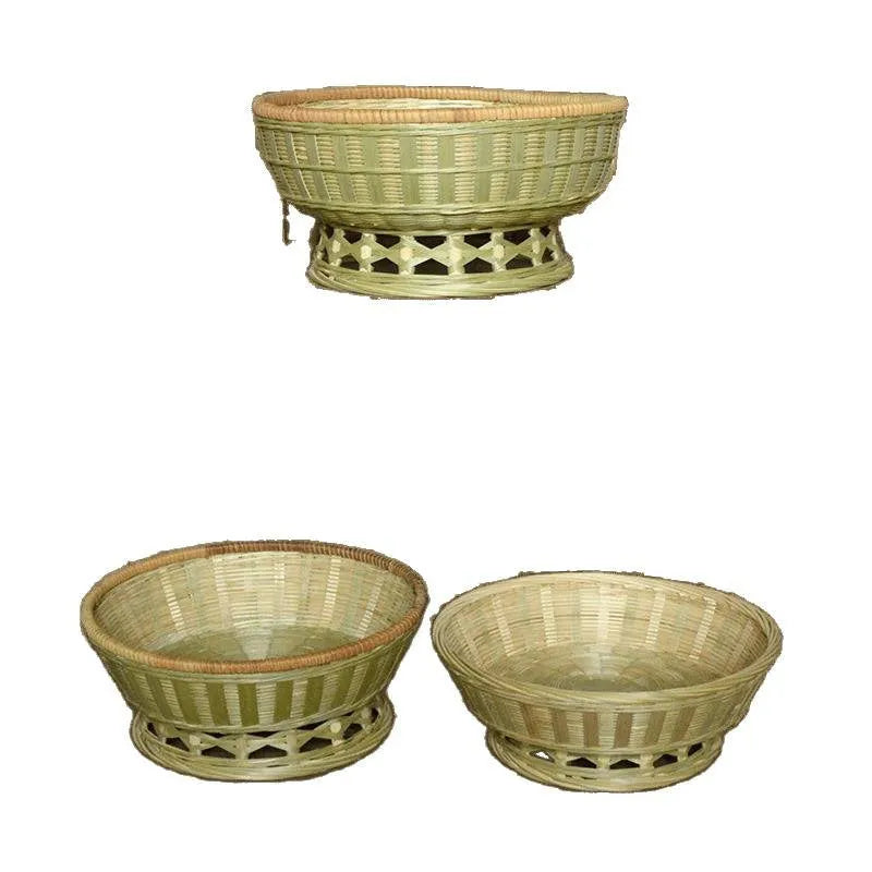 Handmade woven natural bamboo storage basket shown in one of three size options.