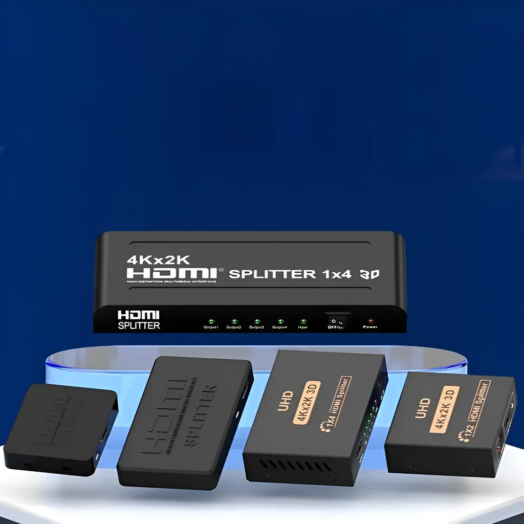 HDMI splitter device with one input and two output ports, shown with USB power cable.