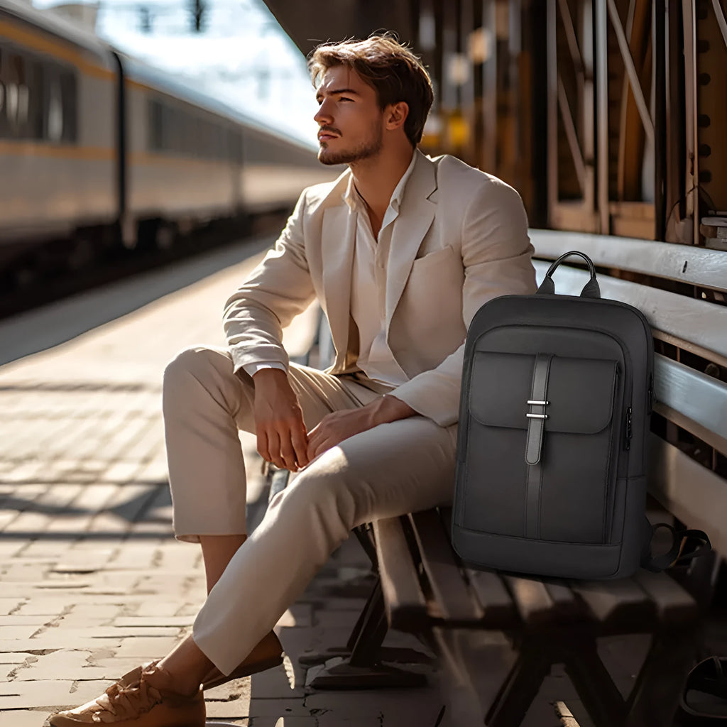 Black men's Oxford cloth backpack with sewing line detailing and Polyester lining
