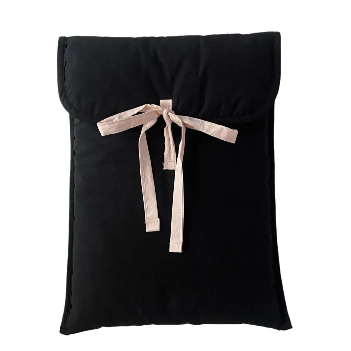 Women's black quilted computer bag with ballet bow and striped lining
