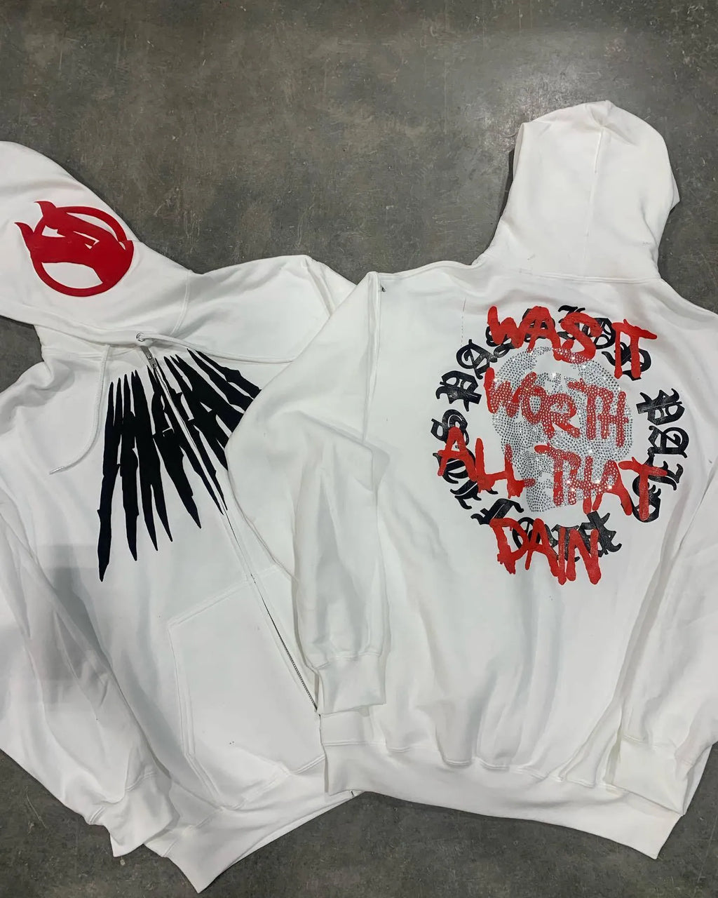 Printed letter skull pattern hooded sweatshirt with rhinestone details in black or white loose cardigan style