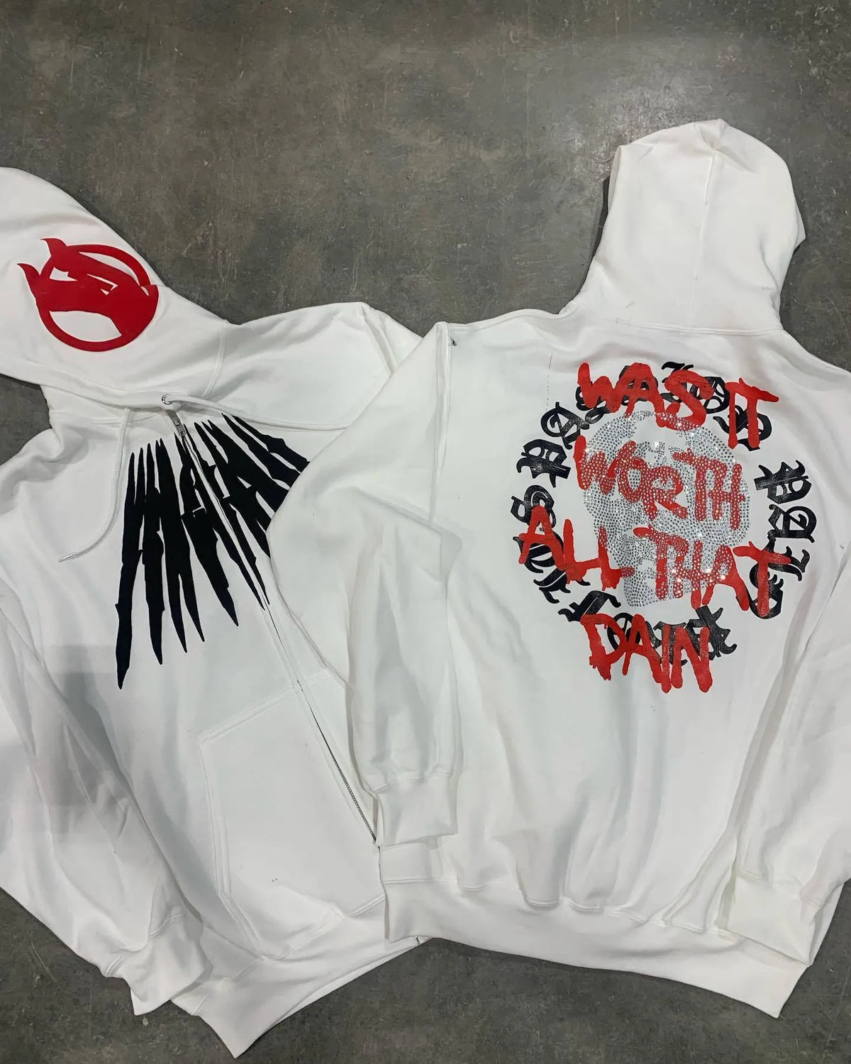 Printed letter skull pattern hooded sweatshirt with rhinestone details in black or white loose cardigan style
