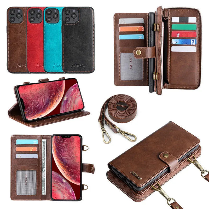 Black leather flip wallet phone case with detachable backpack strap showing magnetic closure