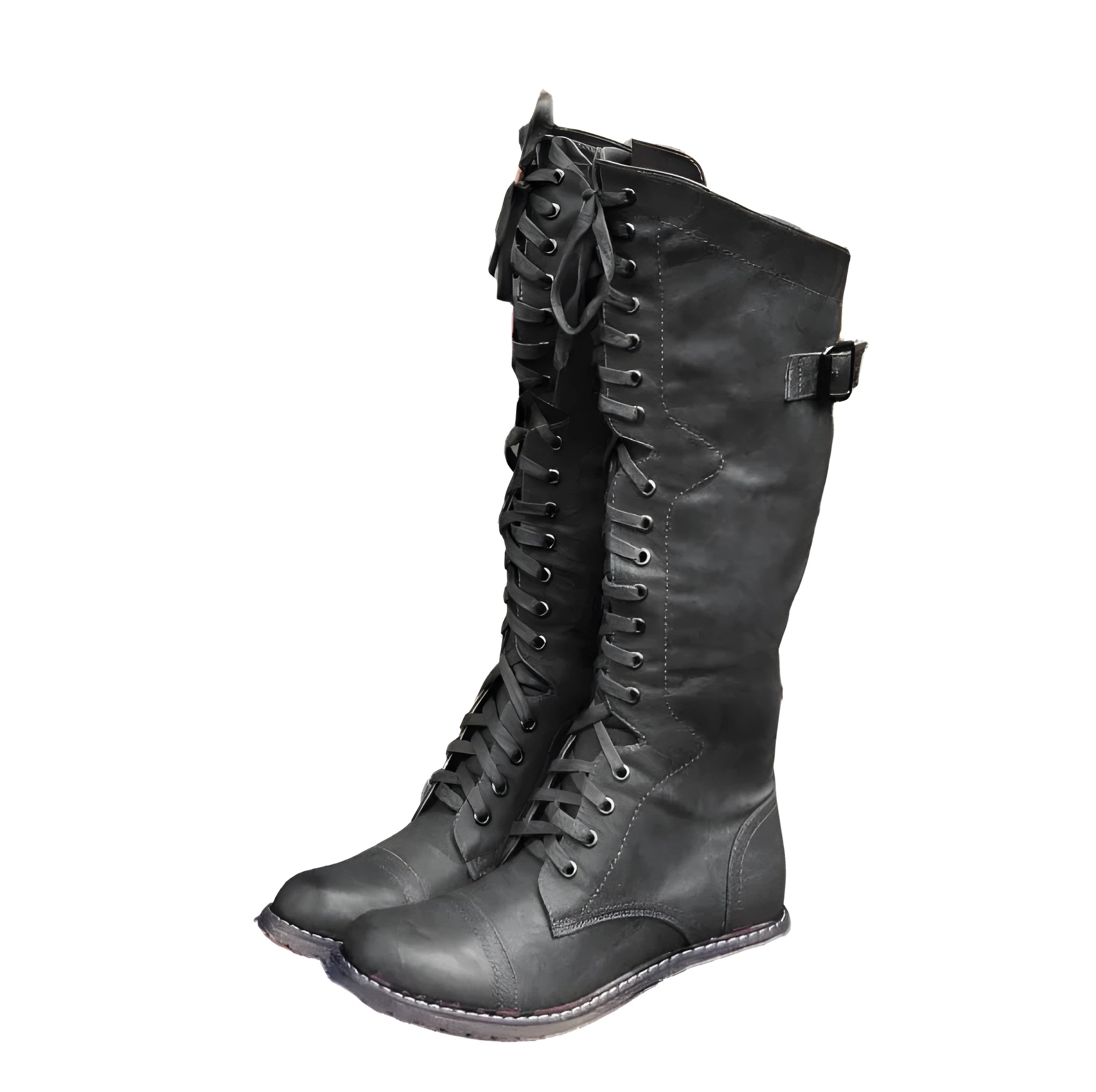 Women's black knight ankle boots with a cross strap detail on the front.