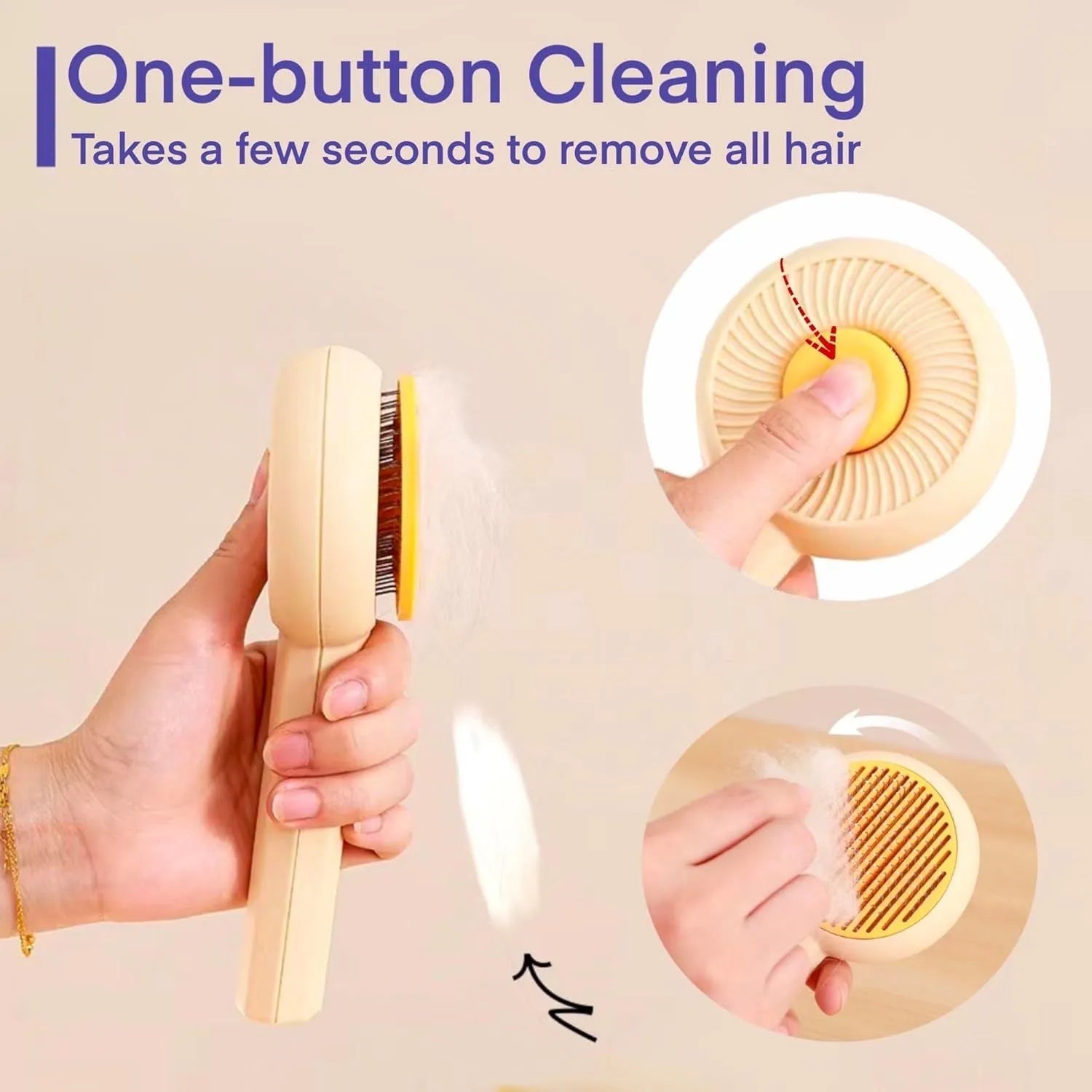 Blue and yellow pet grooming brush with angled metal bristles and a self-cleaning button.