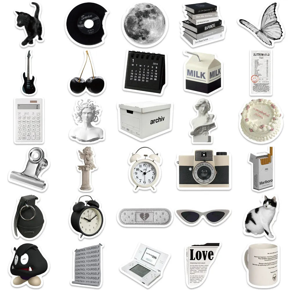 Black and white waterproof PVC sticker pack with coffee cup designs for laptops and phones