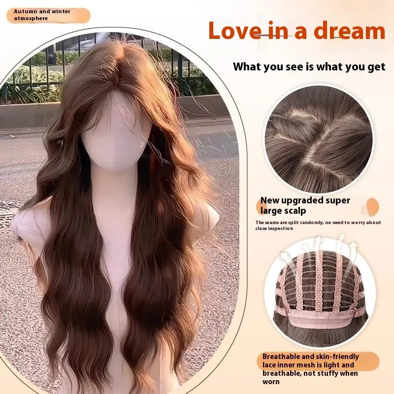 Women's full-head wig with long curly artificial hair and side bangs in brown black colour