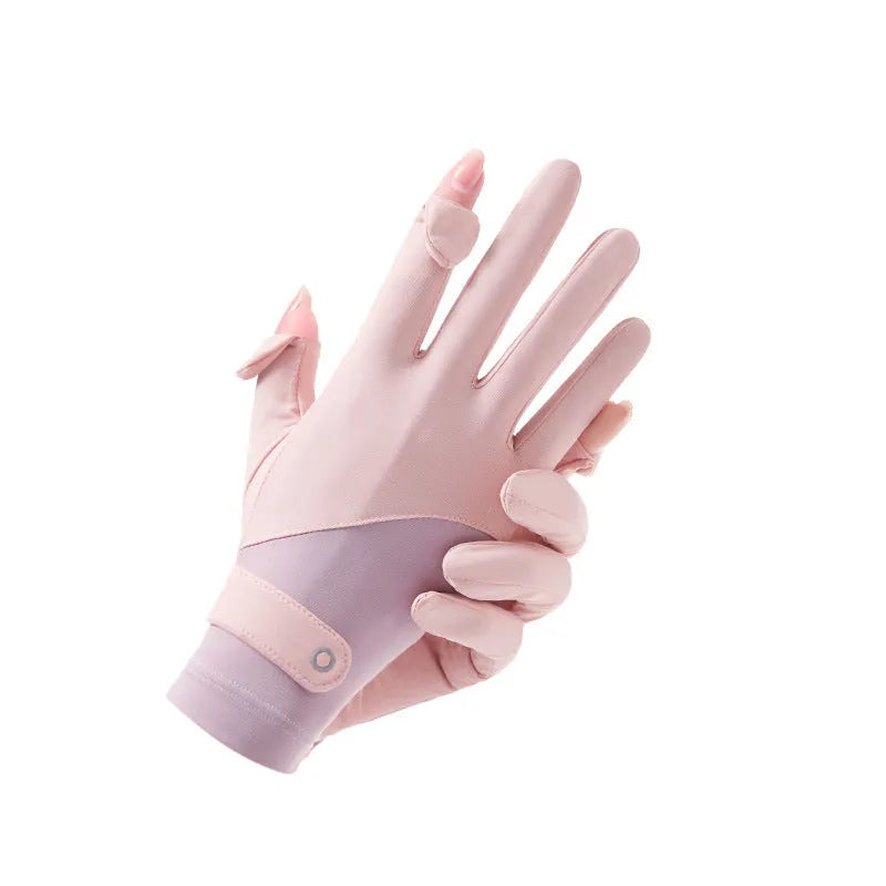 Women's thin nylon sunscreen gloves with UPF50+ protection and cooling ice silk fabric in multiple colour options