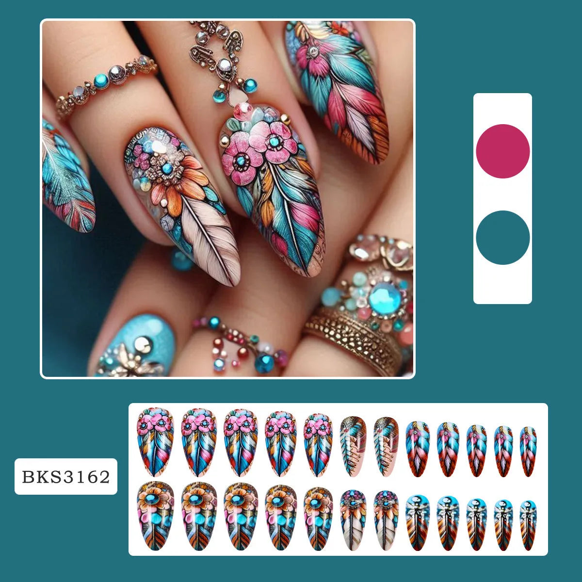 Plastic nail art set with retro designs of colourful feathers, flowers, butterflies, and love hearts.