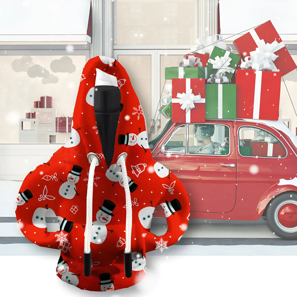 Polyester car gear handle cover in festive Santa Claus and Snowman designs, dustproof decoration for gearstick knob.