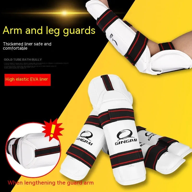 Taekwondo protective gear set showing PU EVA foam arm bands and leggings in sizes S M L XL.