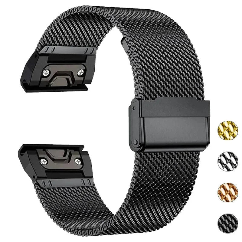 Stainless steel card strap for Garmin Fenix 7X 7 Pro 6X 6 smartwatch in silver, black, gold, or rose gold.