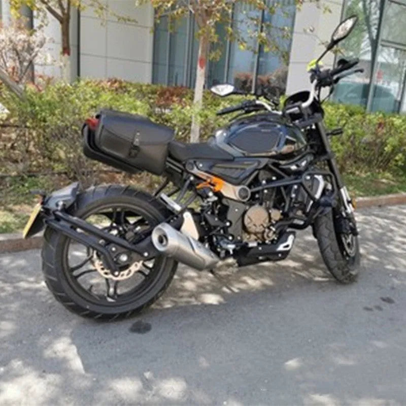 Black PU leather motorcycle swingarm bag mounted on Harley Sportster side