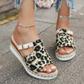 Leopard print platform sandals with wedge sole and fishmouth open toe in beige colour